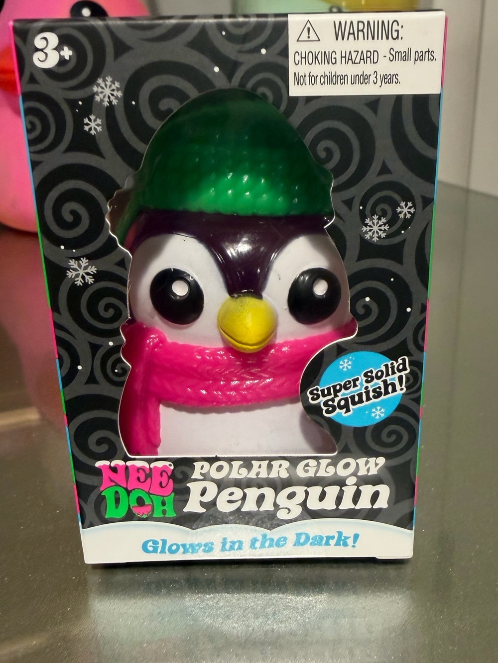 Needoh Polar Glow Penguin Squishy Toy - Green Hat, Pink Scarf